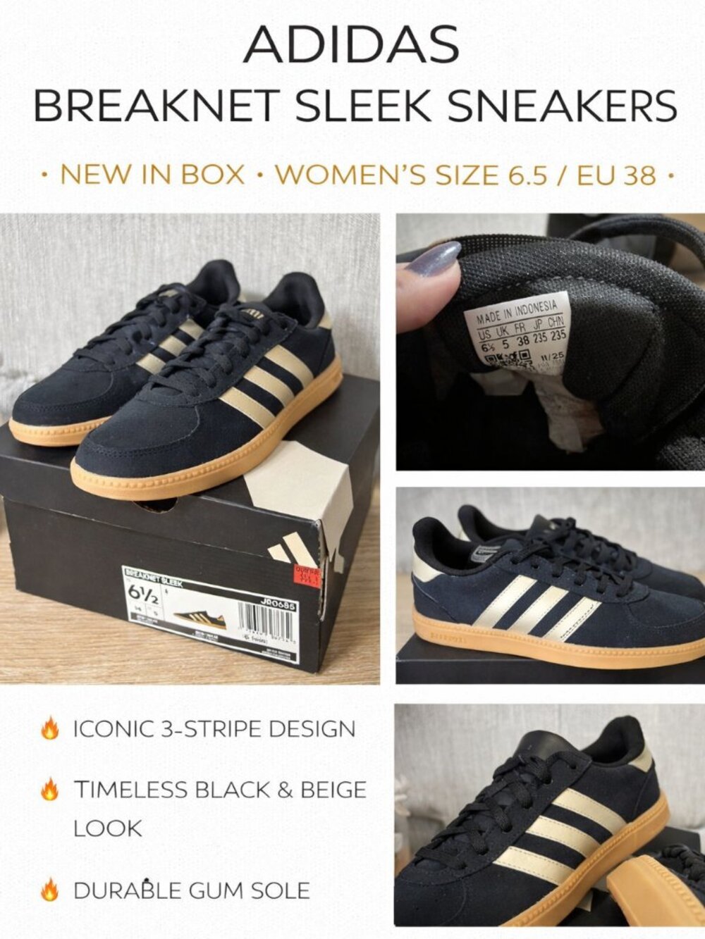 Adidas Breaknet Sleek Sneakers Black Gold Gum Sole Women’s Size 6.5 / EU 38 New